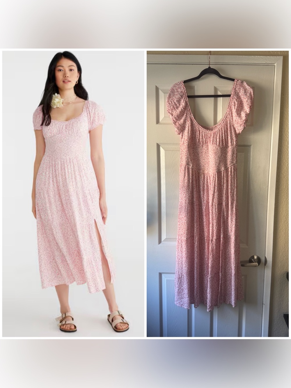 Aeropostale scoop Neck Pink Floral Midi Dress with Puff Sleeves, Large